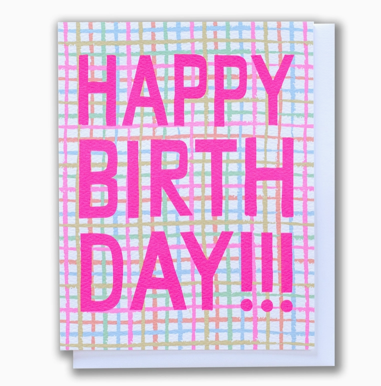 Happy Birthday card with colorful checkered background and pink text