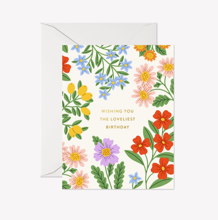 Floral birthday card with colorful flowers and text on a white background