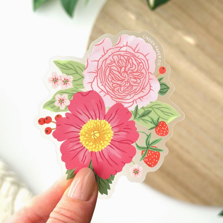 Strawberries and Peonies Floral | Clear Vinyl Sticker