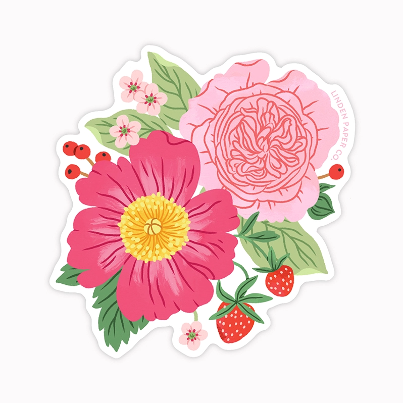 Strawberries and Peonies Floral | Clear Vinyl Sticker